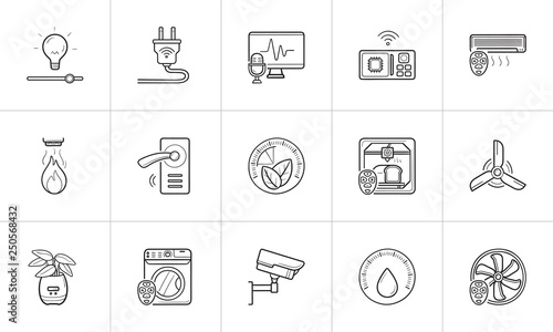 Smart home hand drawn outline doodle icon set.