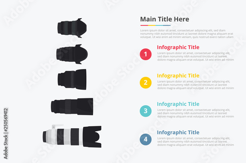 various camera lens set collection with some point title description for information template - vector