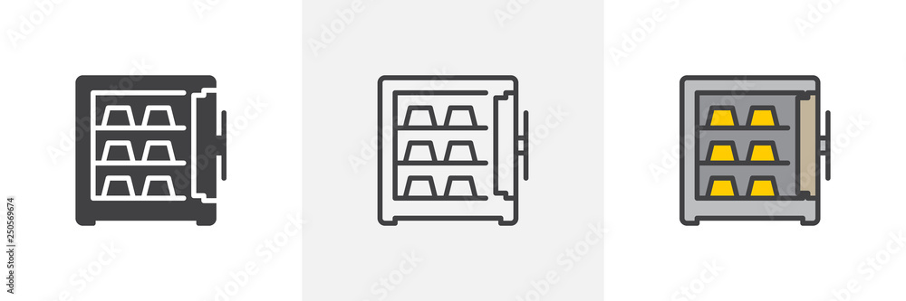 Open safe with gold bars icon. Line, glyph and filled outline colorful version, Safe box with golden ingots outline and filled vector sign. Symbol, logo illustration. Different style icons set. Open safe with gold bars icon. Line, glyph and filled outline colorful version, Safe box with golden ingots outline and filled vector sign. Symbol, logo illustration. Different style icons set.