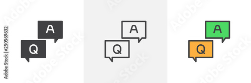 Question and Answer speech icon. Line, glyph and filled outline colorful version, Q and A letters in speech bubble outline and filled vector sign. Symbol, logo illustration. Different style icons set