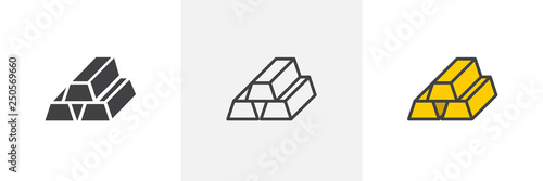 Three gold bars icon. Line, glyph and filled outline colorful version, golden ingots stack outline and filled vector sign. Symbol, logo illustration. Different style icons set. Pixel perfect vector