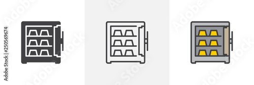 Open safe with gold bars icon. Line, glyph and filled outline colorful version, Safe box with golden ingots outline and filled vector sign. Symbol, logo illustration. Different style icons set. 