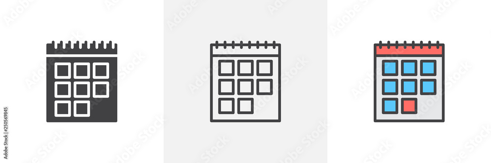 Calendar schedule icon. Line, glyph and filled outline colorful version, calendar page outline and filled vector sign. Event day symbol, logo illustration. Different style icons set. Pixel perfect Calendar schedule icon. Line, glyph and filled outline colorful version, calendar page outline and filled vector sign. Event day symbol, logo illustration. Different style icons set. Pixel perfect