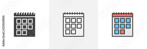 Calendar schedule icon. Line, glyph and filled outline colorful version, calendar page outline and filled vector sign. Event day symbol, logo illustration. Different style icons set. Pixel perfect 