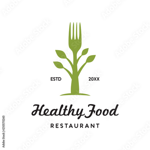 fork and plant for healthy food logo icon vector template
