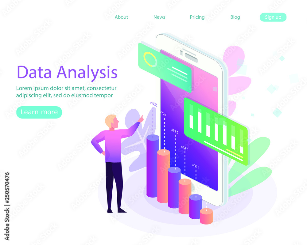 Data analysis concept. Engine strategy, analyzing, infographic of workplace for developers, workspace for creative optimization. Template for web banner, flat isometric illustration Data analysis concept. Engine strategy, analyzing, infographic of workplace for developers, workspace for creative optimization. Template for web banner, flat isometric illustration