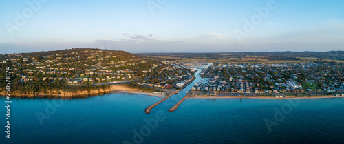Water canal leading to Safety Beach Marina on Mornington Peninsula at dusk in Melbourne, Australia
