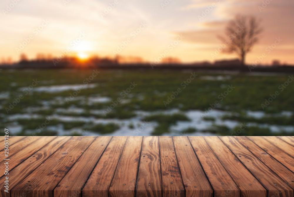 free space for your advertising, old wooden table on the background of early spring, rural landscape at sunset in blur mode