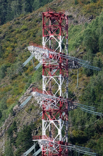 Electricity pylon of the Sayano–Shushenskaya hydro power plant on the Yenisei river in Siberia, Russia photo