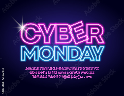 Vector illuminated logo Cyber Monday. Meom Glowing Font. Electric Alphabet Letters, Numbers and Symbols