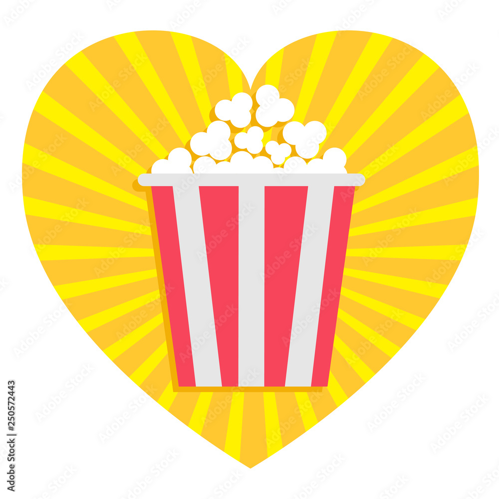 Popcorn. Heart shape. I love movie cinema icon in flat design style. Star burst wave background