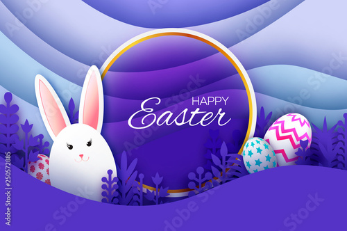 Happy Easter Greeting card with paper cut bunny rabbit, spring flowers. Eggs. Origami layered landscape. Circle frame. Place for text. Violet. Square frame for text.
