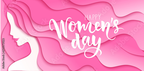 Happy Womens Day. 8 march design template with woman silhouette and greeting text. Girl with long pink hair. Vector illustration