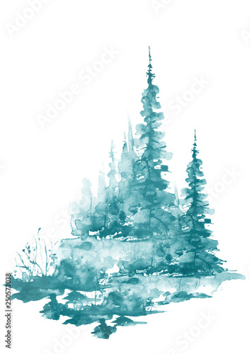 Watercolor landscape, picture. Picture of a pine forest, a blue silhouette of trees and bushes on a white isolated background. Suburban landscape, wild grass, bushes. Abstract paint splash.