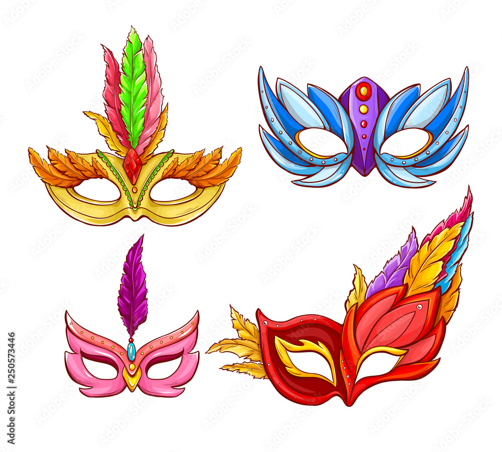 Vector bright Venetian face masks with feathers. Decorative element for traditional Mardi Gras carnivals, holiday masquerade, costumed party. Dressing part illustration. Mystery, secret concept.