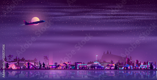 Vector background with neon fisher village at night. Ultraviolet light, illuminated huts,houses in rustic style. Building near of water, lake or river. Full moon with flying plane over the countryside