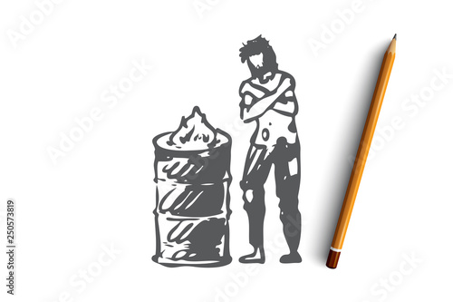 Homeless, fire, poor, problem, trouble concept. Hand drawn isolated vector.