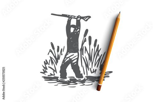 Hunting, sneaking, rifle, sport, weapon concept. Hand drawn isolated vector.
