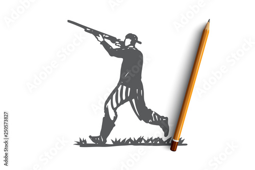 Hunter, rifle, shooting, weapon, man concept. Hand drawn isolated vector.