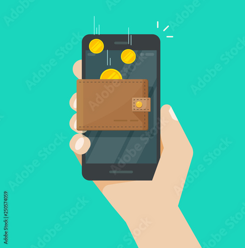 Online income money in electronic mobile phone wallet vector, flat coins transferring in wallet smartphone, concept of fund savings, cash earnings, financial success, digital wealth
