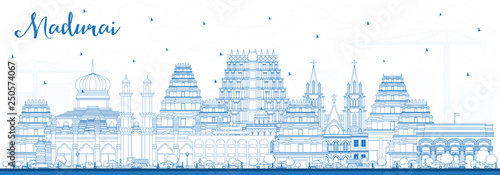 Outline Madurai India City Skyline with Blue Buildings.