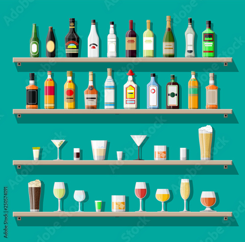 Alcohol drinks collection. Bottles with glasses. Vodka champagne wine whiskey beer brandy tequila cognac liquor vermouth gin rum absinthe sambuca cider bourbon. Vector illustration in flat style.