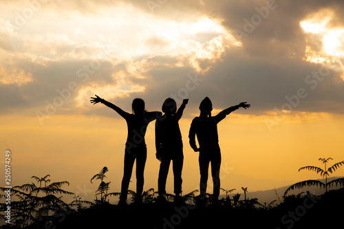 Group of happy people playing at summer sunset in nature