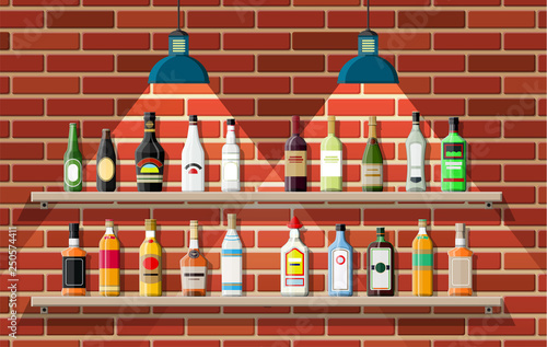 Drinking establishment. Interior of pub, cafe or bar. Bar counter, shelves with alcohol bottles, lamp. Wooden and brick decor. Vector illustration in flat style