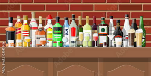 Drinking establishment. Interior of pub, cafe or bar. Bar counter, shelves with alcohol bottles. Wooden and brick decor. Vector illustration in flat style