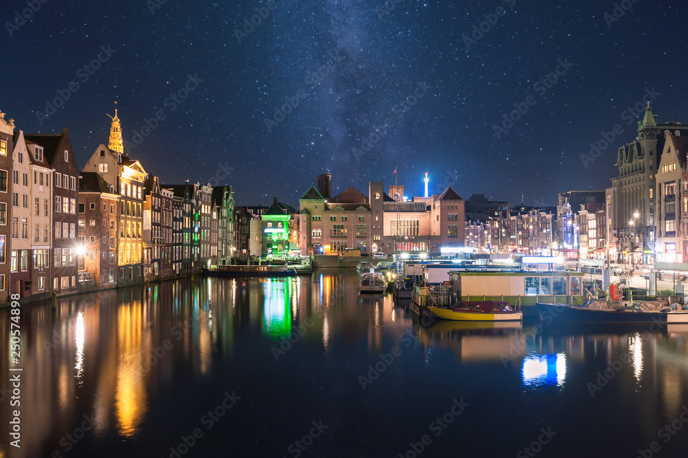 Night landscape with houses in Amsterdam