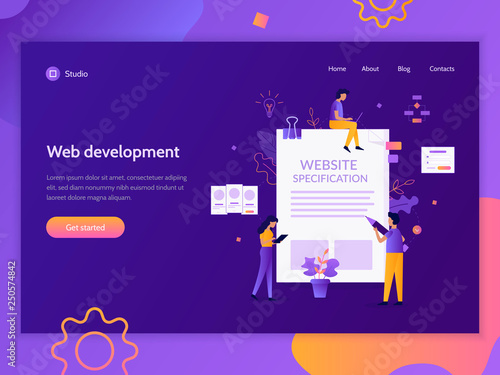Website specification. Creative landing page design template. Web development concept. Flat vector illustration.