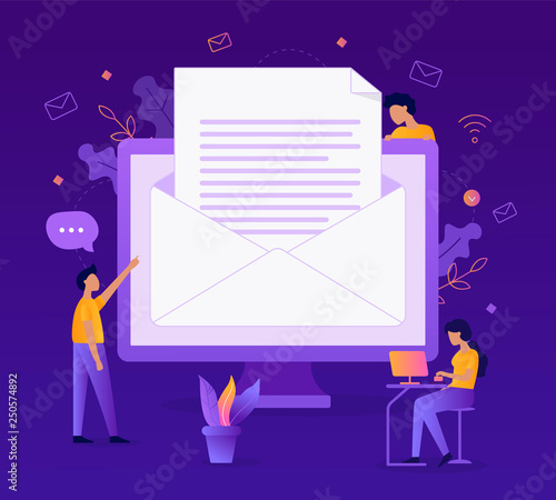 Business correspondence. Exchange of documents by e-mail. Flat vector illustration.