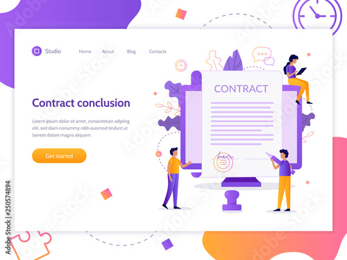 Signing contract flat illustration. A man holds a pen and wants to sign. Web page design template. 