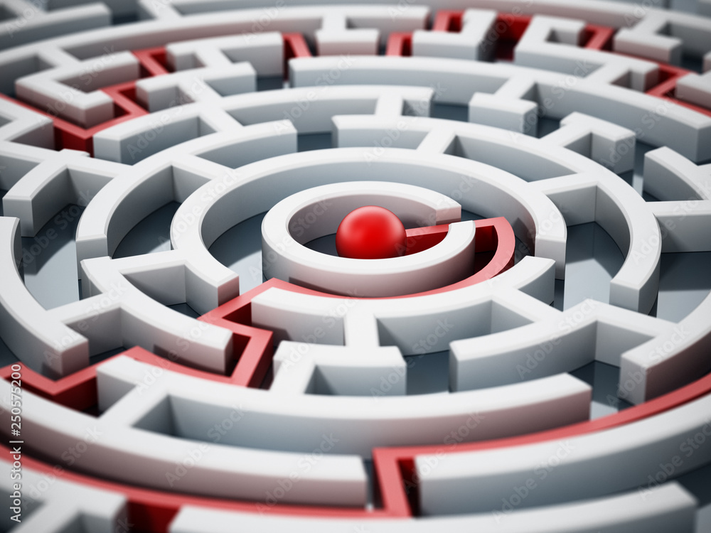 Red line leading to the center of the round maze. 3D illustration Red line leading to the center of the round maze. 3D illustration