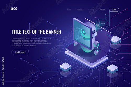 Smart smm concept isometric, setting of digital advertising parameters, robotic with laptop and graphics chart, screen with data, web page template photo