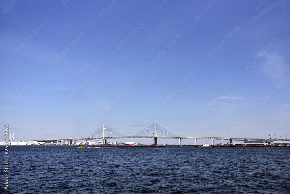 Yokohama Bay Bridge, Kanagawa Prefecture, Japan. It is a symbol of Yokohama Port entrance, which is also a port  liner.