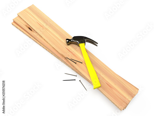 Fototapeta Naklejka Na Ścianę i Meble -  Hammer, nails and wooden planks on white background, isolated. 3D rendering