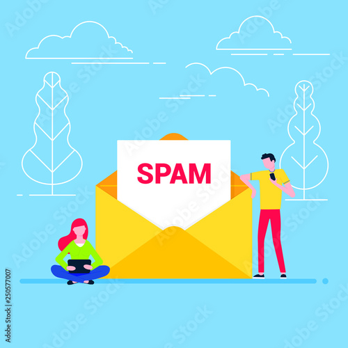 People read new spam message concept flat style design vector illustration. Open envelope with text on it and people near read message on devices. Warning and hacking security symbols composition. 
