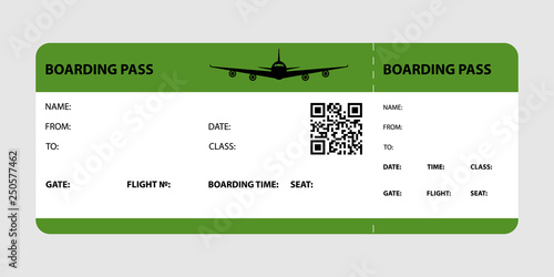 Green boarding pass isolated on a gray background. Vector illustration.