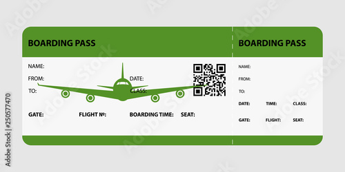 Green boarding pass isolated on a gray background. Vector illustration.