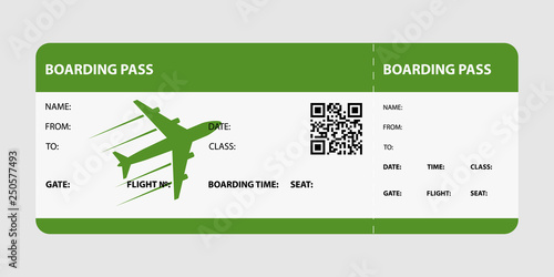 Green boarding pass isolated on a gray background. Vector illustration.