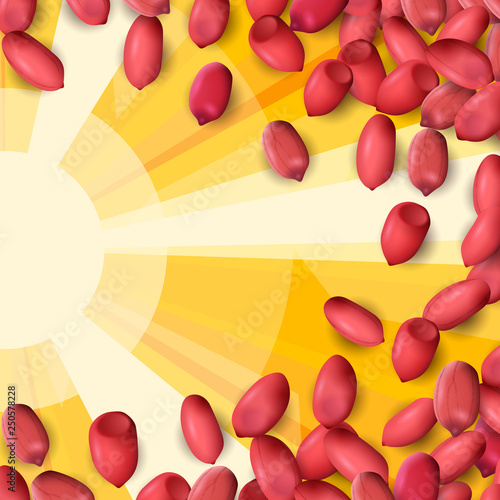 Arachis or peanuts background with red scattered nuts and beans