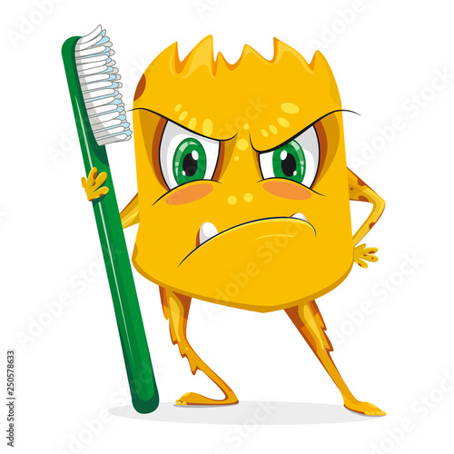 Cartoon yellow monster with toothbrush. Bacteria with large eye, teeth, hands, feet. Microorganism on a white background. 