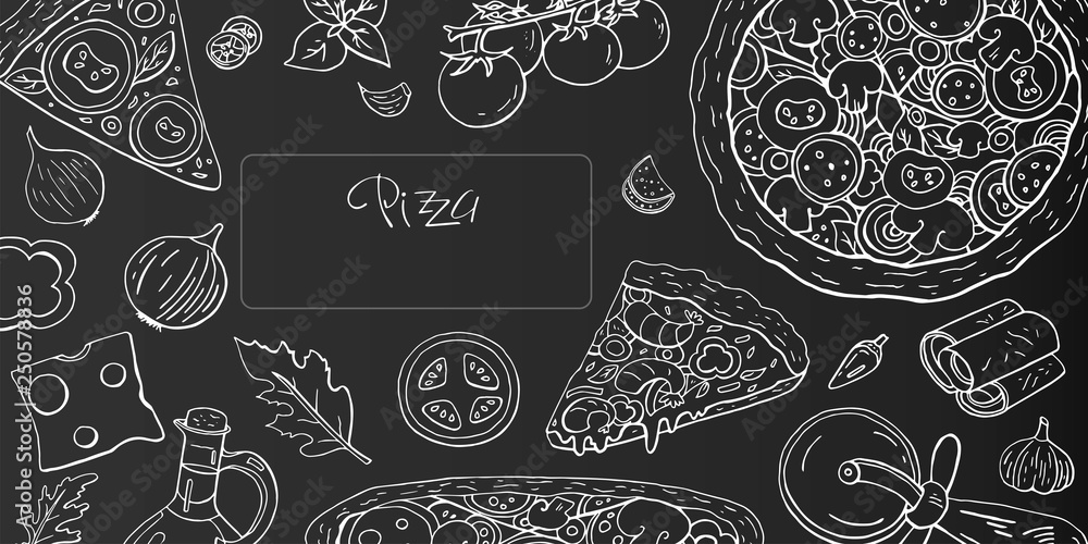 Vintage horizontal pizza banner on black background. Vector doodle pizza  menu vector de Stock | Adobe Stock