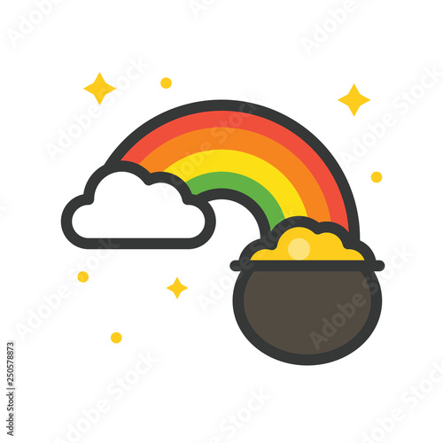 Pot of gold with rainbow vector, Feast of Saint Patrick filled icon editable outline
