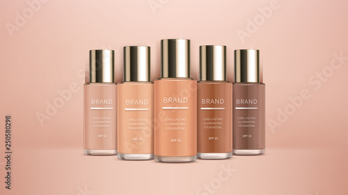 Cosmetic realistic vector ads banner with premium foundation for perfect makeup, decorative cosmetics. Colorstay foundation of various shades on skin tone nude background, mock up for magazine catalog