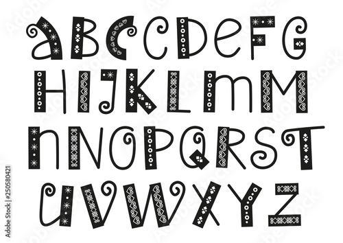 Decorative latin alphabet with swirls and ornament in black isolated on white background for text, inscription, greeting card, typography, design, lettering, children, cover, holiday, sticker