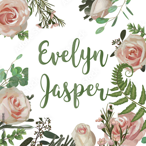 Wedding invite invitation card vector floral greenery design flower. Fern, eucalyptus, boxwood, botanical green, brunia, pink rose. Decorative square. Postcard