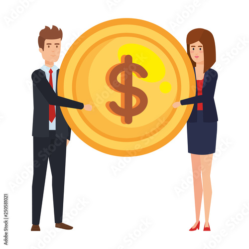 business couple lifting coin money