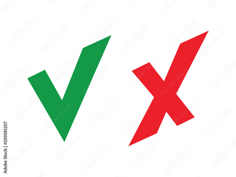 Tick and cross signs. Green checkmark OK and red X icons, Simple marks graphic design. Symbols YES and NO button for vote, Check box list icons. Check marks vector. Tick and cross signs. Green checkmark OK and red X icons, Simple marks graphic design. Symbols YES and NO button for vote, Check box list icons. Check marks vector.